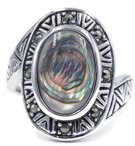 New Aztec Design Genuine Abalone Shell Marcasite Ring